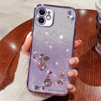 Gradient Glitter Powder TPU-suojus iPhone 12:lle 6,1 tuumaa, tekojalokivi Decor Flower Pattern -pudotusta estävä suojakotelo