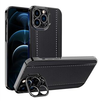 Kickstand Design Kevlar ja hiilikuiturakenne Galvanointikehys Tyylikäs PU-nahkapäällysteinen PC-suoja iPhone 12 Pro 6,1 tuumalle
