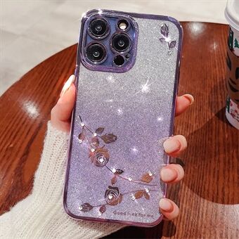 Gradient Glitter Powder -suojakuori iPhone 12 Pro 6,1 tuumaa, kukkakuvioinen tekojalokivi Decor Pehmeä TPU-pudotuksenestokotelo