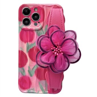 Nahkainen ranneke TPU-puhelimen suojakuori iPhone 12 Pro , pölynkestävä kuviotulostuskotelo vaaleanpunaisella kukkakoristeella