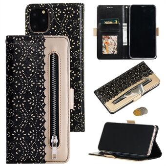 Pitsikukkakuvioinen vetoketjullinen tasku nahkalompakko puhelimen suojakuori iPhone 12 Pro Max 6,7 tuumalle - musta