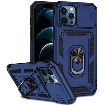 IPhone 12 Pro Max 6,7 tuuman Tyylikäs puhelinkotelo Ring Kickstand Hybrid PC + TPU-kuori liukukameran suojakuorella