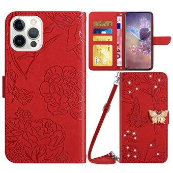 IPhone 12 Pro Max 6,7 tuuman Butterfly Flowers -kuvioidulle tekojalokivikoristeiselle puhelimen suojakuorelle lompakko Vaakasuora Stand nahkakotelo olkahihnalla