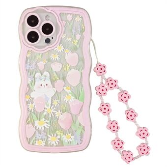 IPhone 12 Pro Max Rabbit Flower Pattern -puhelinkotelolle Läpinäkyvä TPU-takakuori ranneketjulla