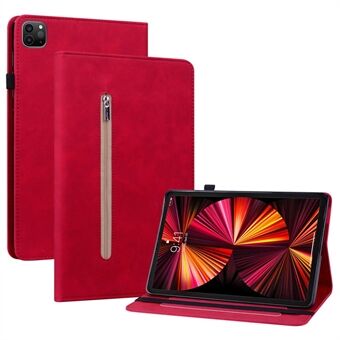 For iPad Pro 12.9-inch (2020)/(2021) Solid Color Tablet Case with Zipper Pocket Shockproof PU Leather Tablet Protective Cover Wallet Design Stand Reinforced Covering Shell