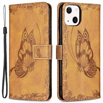 Imprint Butterfly Flower PU-nahkainen Flip-suojapuhelinkotelo Stand ja hihnalla iPhone 13 6,1 tuumalle