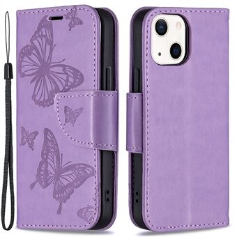 Imprint Butterfly PU-nahkainen Flip-lompakkokotelon kansi Stand ja rannehihnalla iPhone 13 6,1 tuumalle