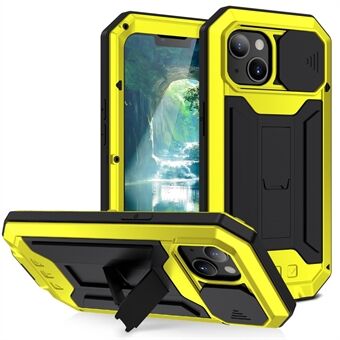 R-JUST Slide Camera Cover Iskunkestävä PC + silikoni + metallinen hybridipuhelinkotelon suojus jalustalla iPhone 13 6,1 tuumalle