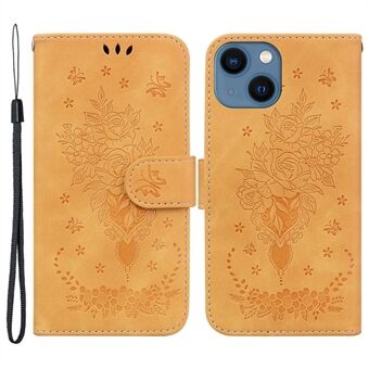 For iPhone 13 6.1 inch Phone Cover Imprinting Roses Butterflies Pattern Shockproof Leather Full Coverage Scratch Resistant Phone Case Wallet Stand
