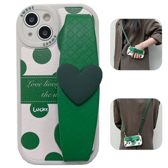 IPhone 13:lle 6,1 tuuman Love Heart Ranneke Green Dots Pattern PU-nahkapäällysteinen TPU-puhelimen takakuori olkahihnalla