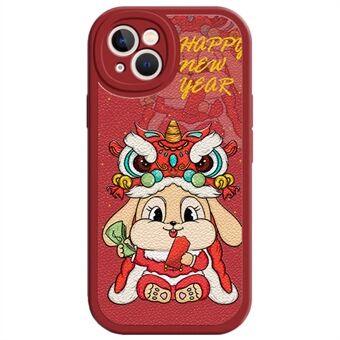 IPhone 13:lle 6,1 tuuman New Year Cartoon Rabbit PU-nahkapäällysteinen TPU-puhelimen takakuori
