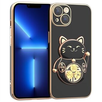 IPhone 13:lle 6,1 tuuman galvanoitu puhelinkotelo Lucky Fortune Cat Kickstand TPU+PC Iskunkestävä suojus kameran linssisuojalla