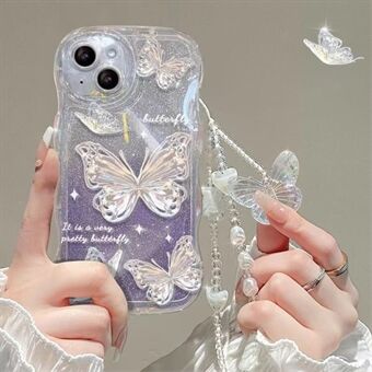 IPhone 14 Wavy Edge Butterfly Pattern -kotelolle Pehmeä TPU Gradient Glitter -puhelimen kansi ketjulla