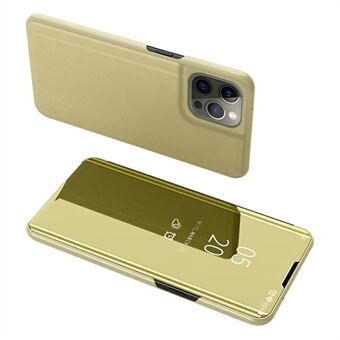 Galvanointipeilipinta nahkainen puhelinkotelo Stand kuori näköikkunalla iPhone 13 Pro - Gold