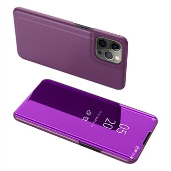 Galvanointipeilipinta nahkainen puhelinkotelo Stand kuori näköikkunalla iPhone 13 Pro - Purple