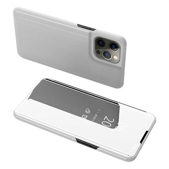 Galvanointipeilipinta nahkainen puhelinkotelo Stand kuori näköikkunalla iPhone 13 Pro - Silver