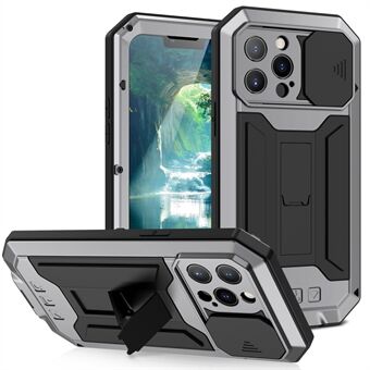 R-JUST-puhelimen suojakuori Kickstand-kuori karkaistusta lasista näytönsuojalla ja kameran liukusäätimellä iPhone 13 Pro 6,1 tuumalle