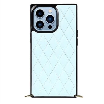 Iskunkestävä Rhombus Grid -mikrokuituliinahka ja TPU-puhelimen takakuori Puhelinkuori metallipitkällä olkahihnalla iPhone 13 Pro 6,1 tuumalle