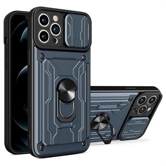 Irrotettava korttipaikka kova PC + pehmeä TPU-puhelinkotelo Kickstand Hybrid -suojus kameran liukukuorella iPhone 13 Pro - Titanium Grey