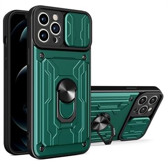 Irrotettava korttipaikka kova PC + pehmeä TPU-puhelinkotelo Kickstand Hybrid -suojus kameran liukukuorella iPhone 13 Pro - Blackish Green