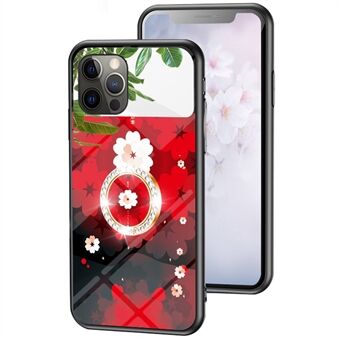 Magic Mirror Series for iPhone 13 Pro 6.1 inch Flower Pattern Phone Case Tempered Glass + PC + TPU Cover with Mirror and Ring Kickstand