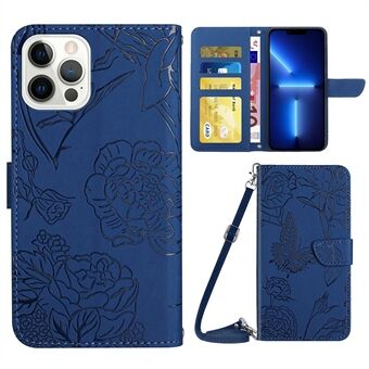 For iPhone 13 Pro 6.1 inch PU Leather Butterflies Flower Imprinted Stand Wallet Phone Cover with Shoulder Strap
