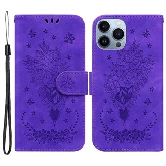 For iPhone 13 Pro 6.1 inch PU Leather Phone Cover with Strap Imprinting Roses Butterflies Pattern Shockproof Phone Case Impact-resistant Wallet Stand Cover