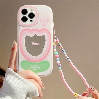 IPhone 13 Pro TPU Cover Gradient Pink Flower Pattern Mirror Design -puhelinkotelolle rannehihnalla