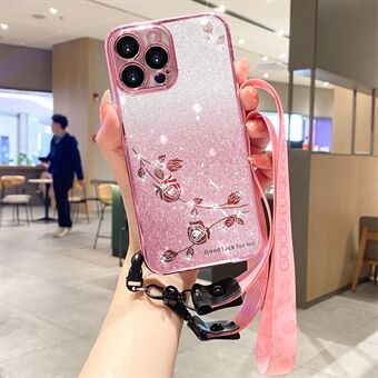 Pudotuksenkestävä TPU-puhelimen suojakuori iPhone 13 Pro 6,1 tuumaa, kukkamuotoinen kimalteleva tekojalokivikoristettu puhelinkotelo hihnalla