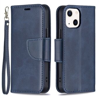 Tavallinen nahkainen lompakkokotelo Puhelinkuori hihnalla iPhone 13 minille - Sininen
