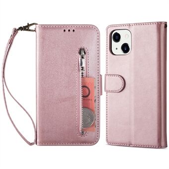 Vetoketjullinen tasku PU- Stand lompakko puhelimen suojakuori hihnalla iPhone 13 minille 5,4 tuumaa