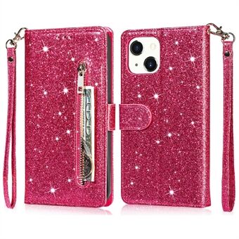 Glitter Sequins All-round Suojaus Magneettinen lukko vetoketjutasku Lompakko Flip nahkainen puhelimen kansi Stand iPhone 13 Mini - Rose