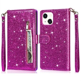 Glitter Sequins All-round Suojaus Magneettinen lukko vetoketjutasku Lompakko Flip nahkainen puhelimen kansi Stand iPhone 13 Mini - Purple