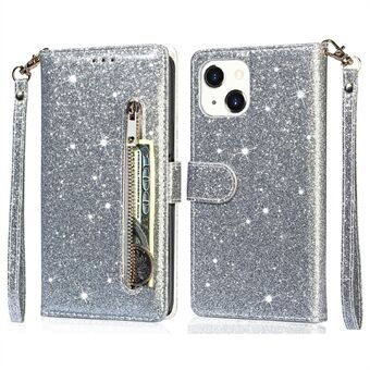 Glitter Sequins All-round Suojaus Magneettinen lukko vetoketjutasku Lompakko Flip nahkainen puhelimen kansi Stand iPhone 13 Mini - Grey