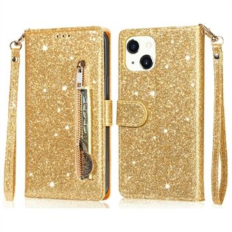Glitter Sequins All-round Suojaus Magneettinen lukko vetoketjutasku Lompakko Flip nahkainen puhelimen kansi Stand iPhone 13 Mini - Gold