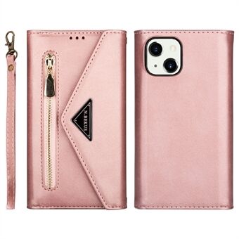 Täyssuojattu nahkainen vetoketjullinen lompakko Design Skin Feeling -puhelinkotelo Stand ja hihnalla iPhone 13 mini - Rose Gold