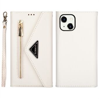Täyssuojattu nahkainen vetoketjullinen lompakko Design Skin Feeling -puhelinkotelo Stand ja hihnalla iPhone 13 mini - White
