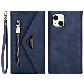 Täyssuojattu nahkainen vetoketjullinen lompakko Design Skin Feeling -puhelinkotelo Stand ja hihnalla iPhone 13 mini - Blue