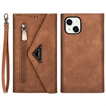 Täyssuojattu nahkainen vetoketjullinen lompakko Design Skin Feeling -puhelinkotelo Stand ja hihnalla iPhone 13 mini - Brown
