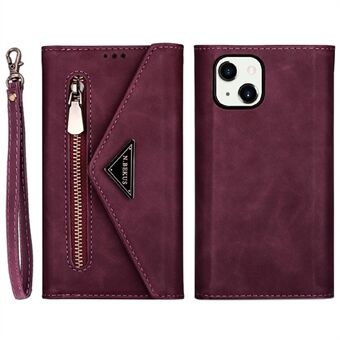 Täyssuojattu nahkainen vetoketjullinen lompakko Design Skin Feeling -puhelinkotelo Stand ja hihnalla iPhone 13 mini - Rose Gold