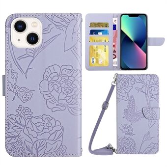 For iPhone 13 mini 5.4 inch PU Leather Skin-friendly Flip Wallet Phone Case Viewing Stand Butterfly Flower Pattern Imprinted Protective Cover with Shoulder Strap