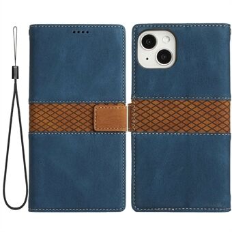 For iPhone 13 mini 5.4 inch Grid Splicing Decor PU Leather Cover Shockproof Anti-fall Phone Stand Wallet Case with Strap