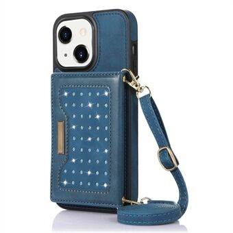 IPhone 13 mini 5,4 tuuman Kickstand-puhelinkotelolle tekojalokivi Decor Wallet RFID-esto PU-nahka + TPU-suojus olkahihnalla