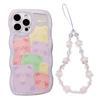 IPhone 13 Pro Max Bear Pattern -matkapuhelimen kotelolle Kirkas TPU-suojus violetilla kukkaisella rannehihnalla