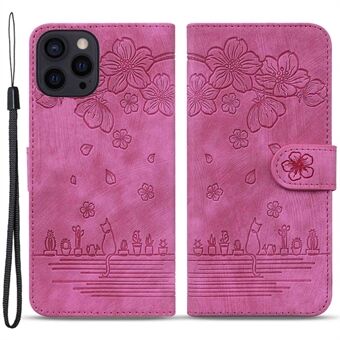 Cherry Blossom Cat painettu kotelo iPhone 14 6,1 tuumalle, Stand PU-nahkainen putoamisen estävä puhelimen lompakon suojus hihnalla