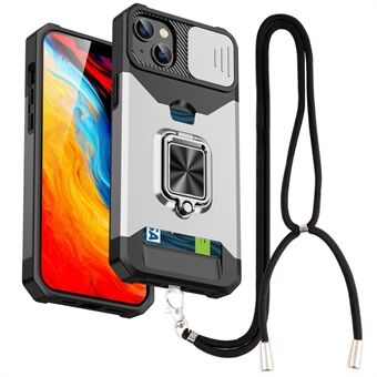 Korttipidike Kickstand-puhelinkotelo iPhone 14:lle 6,1 tuumaa, PC + TPU-liukukameran suojaushybridikuori kaulanauhalla