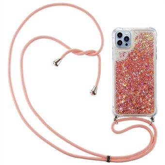 IPhone 14 Pro 6,1 tuuman Bling Glitter Liquid Case Kelluva Quicksand Iskunkestävä Pehmeä TPU-puhelimen suojus pitkällä kaulanauhalla