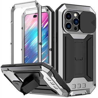 R-JUST iPhone 14 Pro 6,1 tuuman liukukameran suojus silikoni + metalli + karkaistu lasi näytönsuoja Puhelinkotelo Kickstand Design Vedenpitävä putoamisen estävä suojus