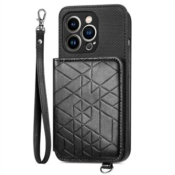 Wallet Kickstand -puhelinkotelo iPhone 14 Pro, geometrialla painettu PU-nahka + TPU-suojus sisäänrakennetulla metallilevyllä ja käsihihnalla