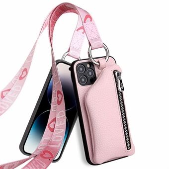 IPhone 14 Pro törmäyksenkestävä irrotettava lompakko PU-nahkapäällysteinen TPU-puhelinkotelo vetoketjullinen tasku, suojakansi kaulanauhalla